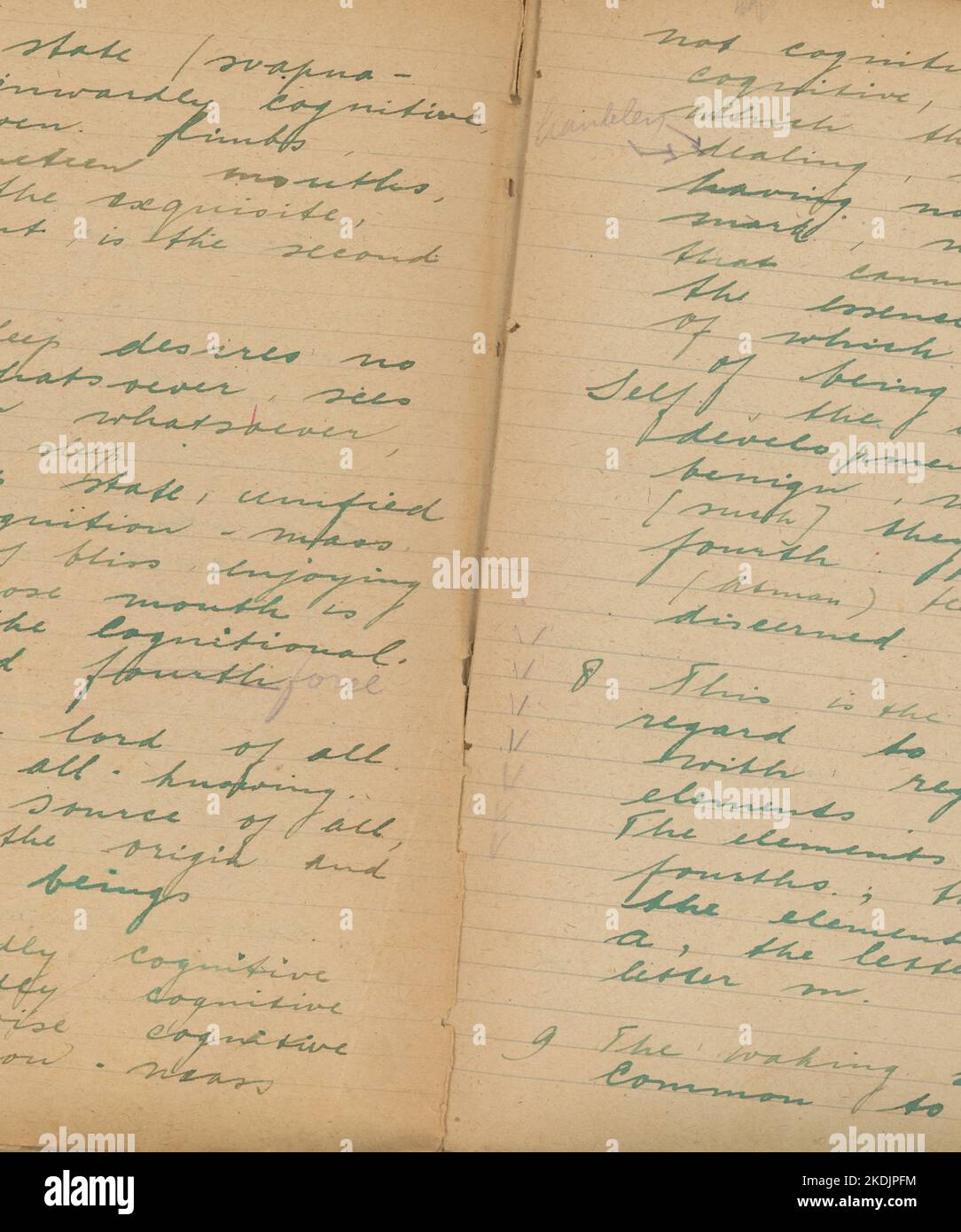 Parts of a handwritten text written with green ink. The paper and ...