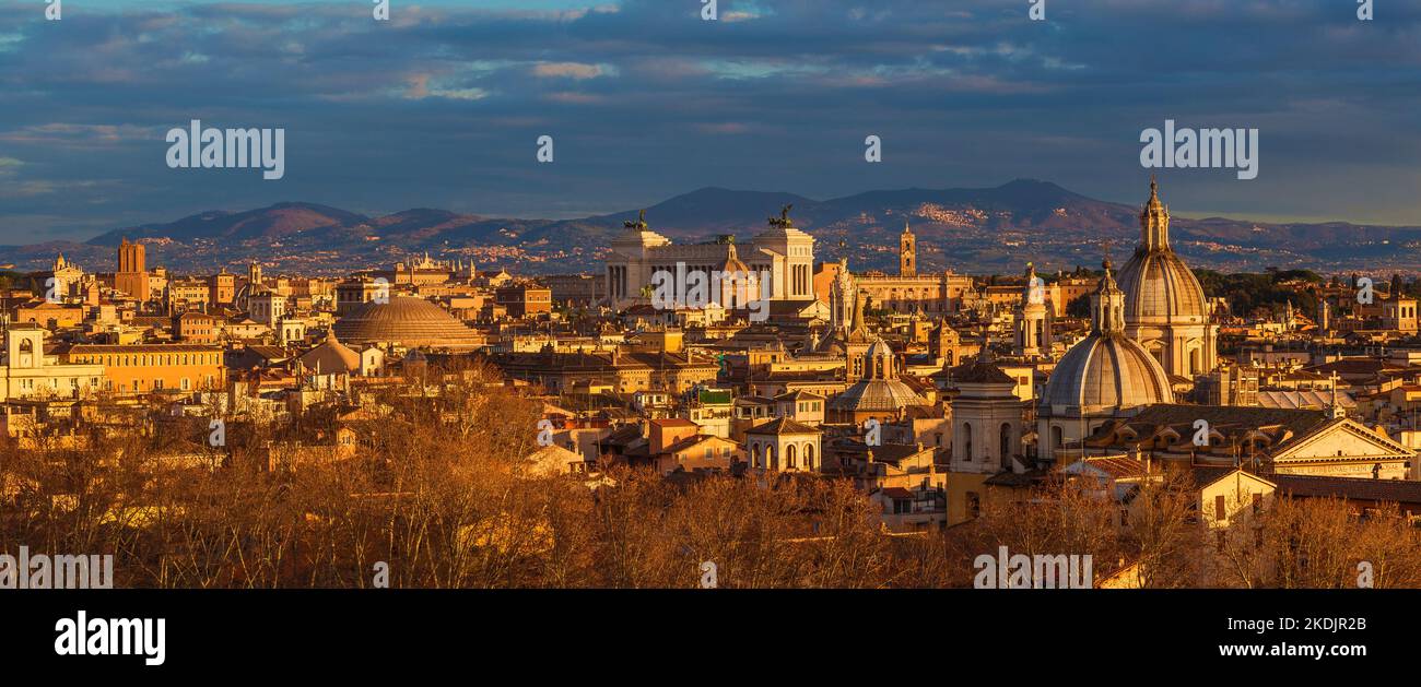 Panoramic view of Rome historical center old skyline at sunset Stock Photo