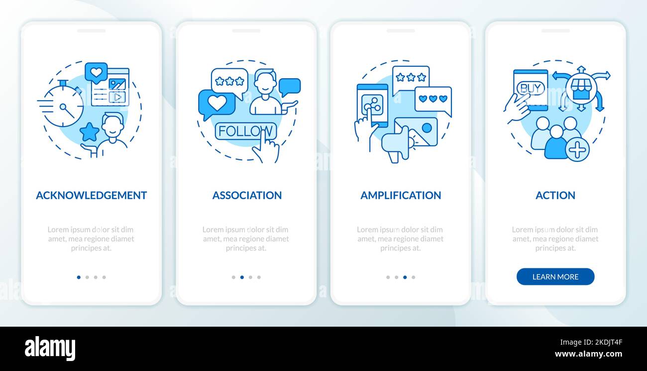 Types of social media engagement blue onboarding mobile app screen ...