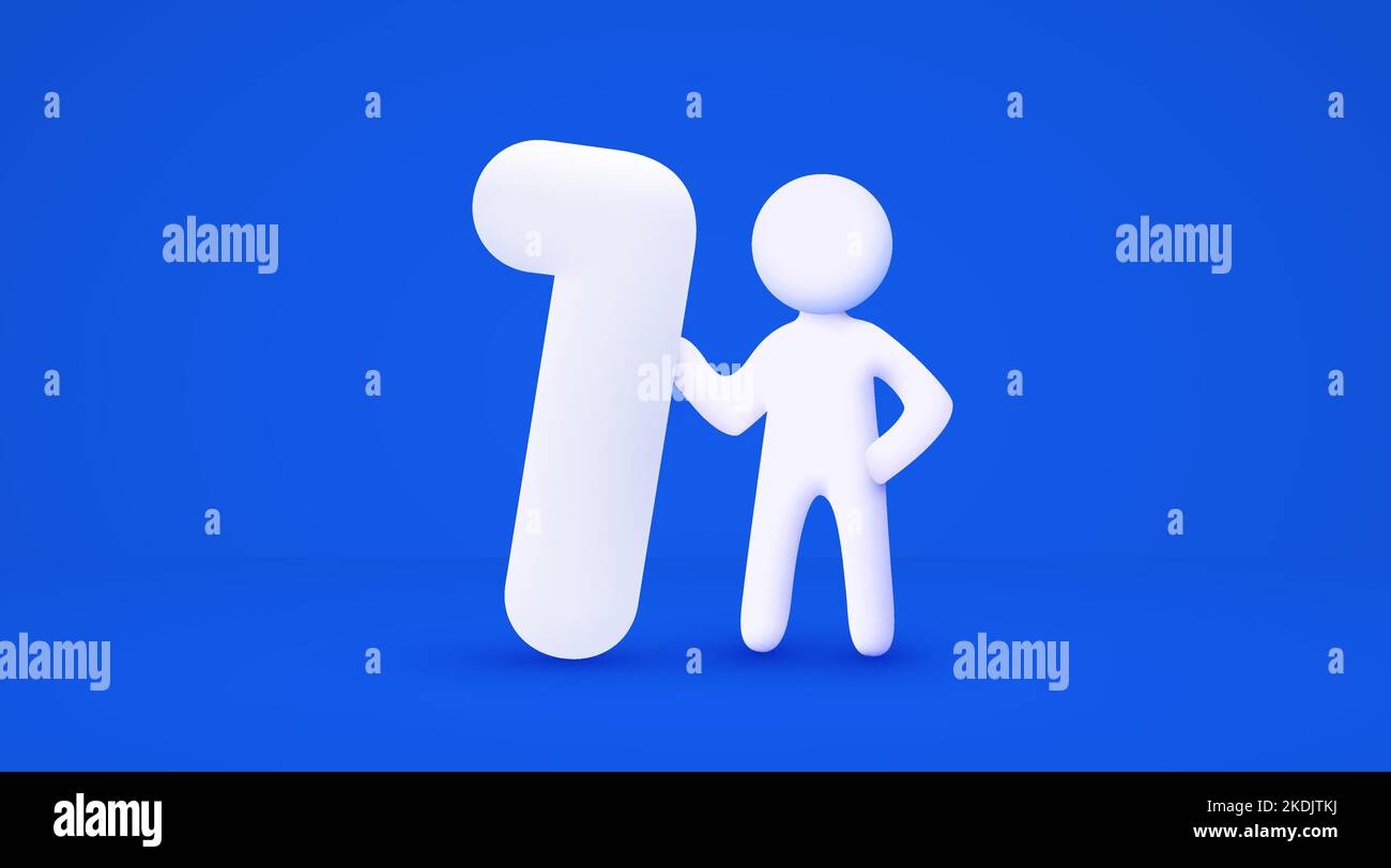 3d White Cartoon Man Holding Big Number 1 Number One Isolated Blue 