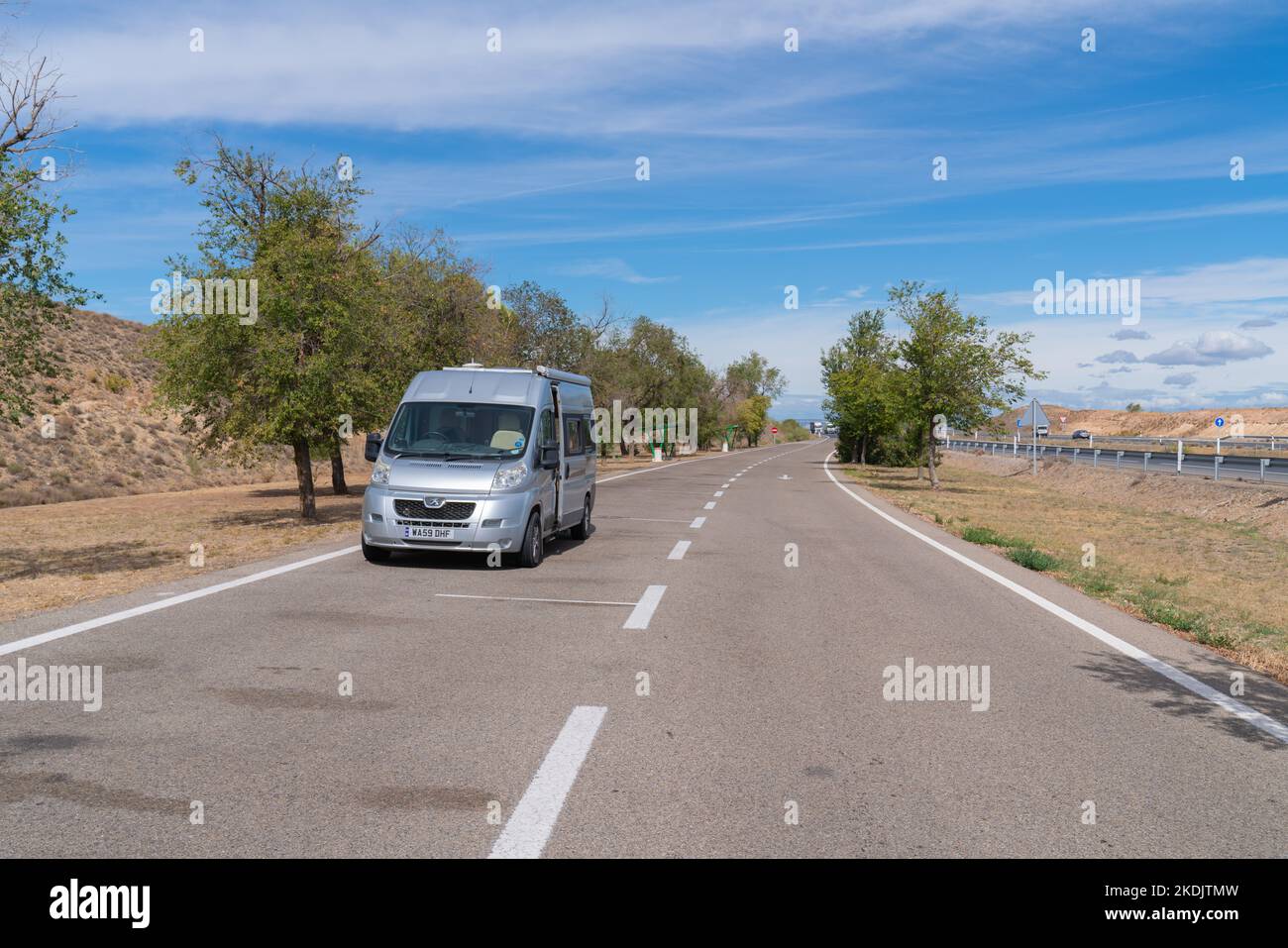 Motorhome parked in Autopista AP-68 spanish motorway rest area north west of Zaragossa, Spain Stock Photo