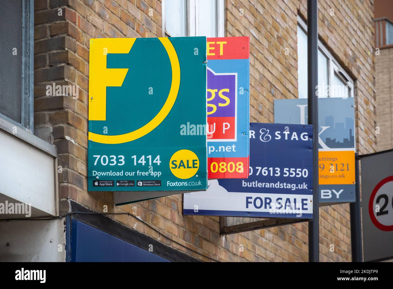 London, UK July 12, 2022 For sale real estate signs around Hoxton