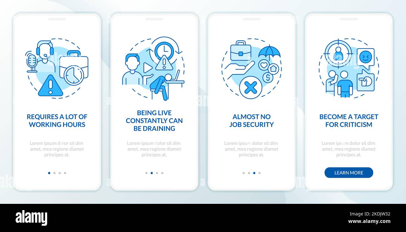 Live streaming disadvantages blue onboarding mobile app screen Stock ...