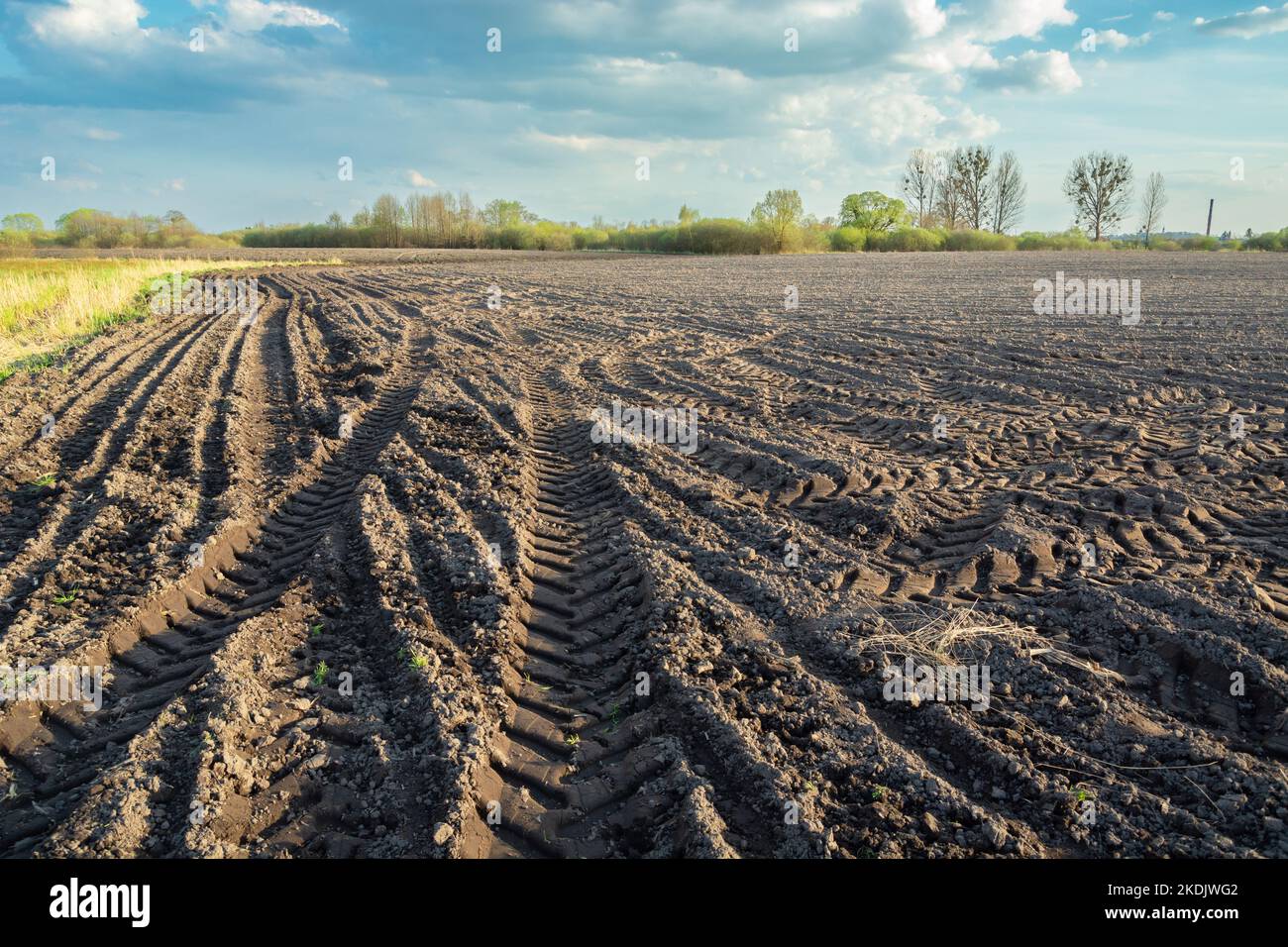 Wheel marks in a plowed field, spring day, Nowiny, Poland Stock Photo