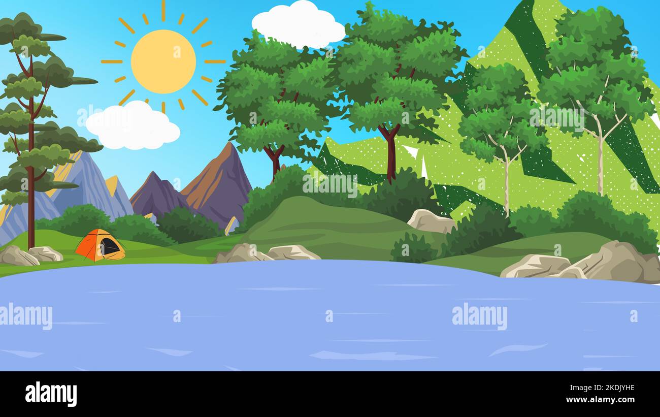 Tent camping in mountains and lake view. Banner in flat cartoon design. Sunny, cloudy day. Trees. Wildlife panoramic landscape. Illustration. Stock Photo