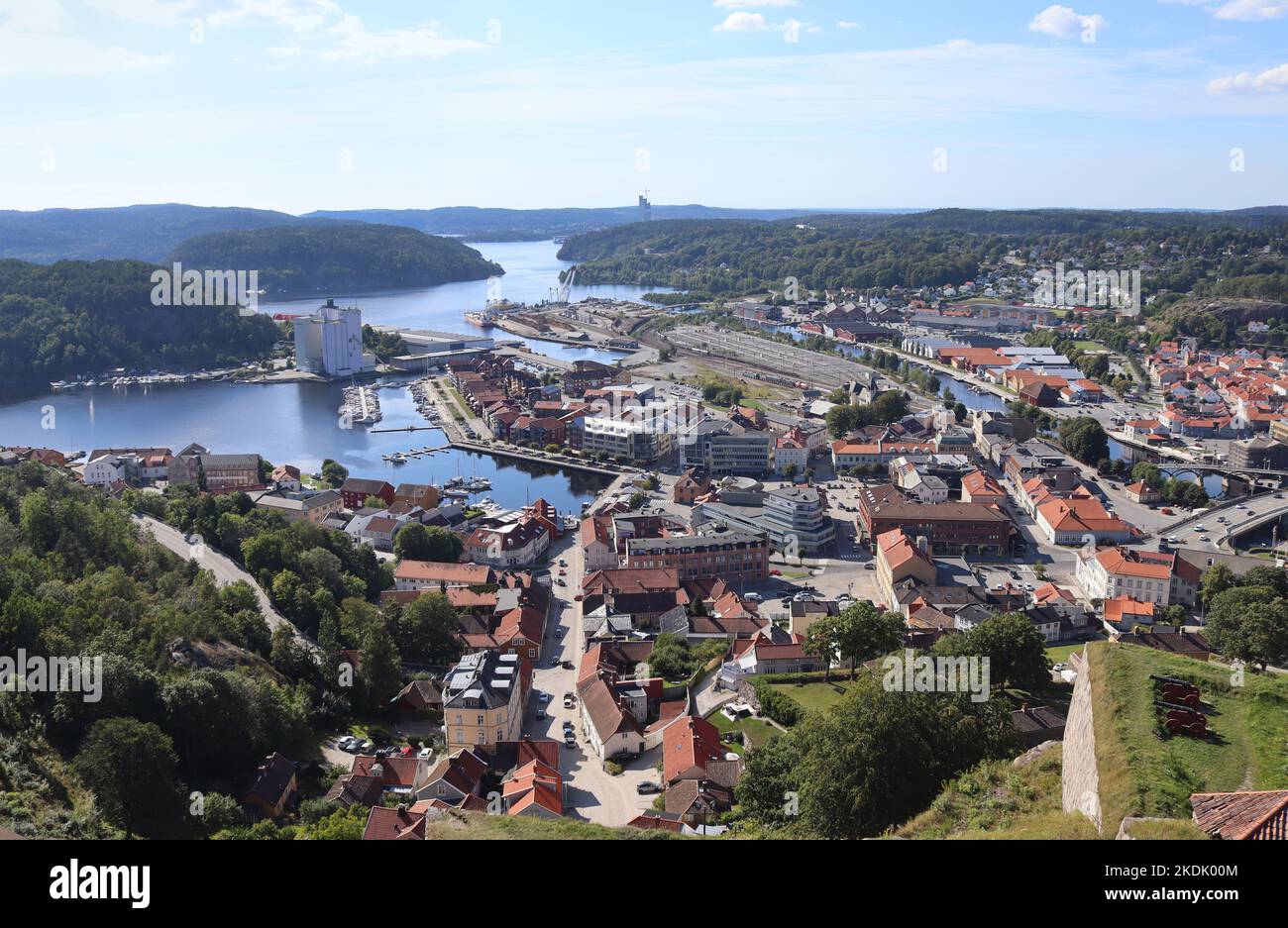 Aerial view of the Norwegian City of Halden in Viken county. Located at the mouth of the Tista river, Halden is a border town on the Iddefjord. Stock Photo
