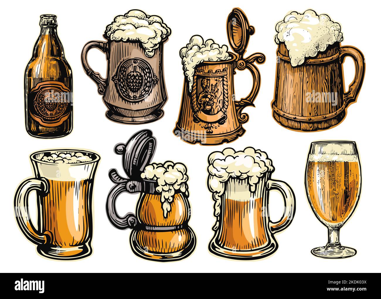 BEER set for restaurant or pub menu design. Alcoholic drinks. Hand drawn illustration in retro style Stock Photo