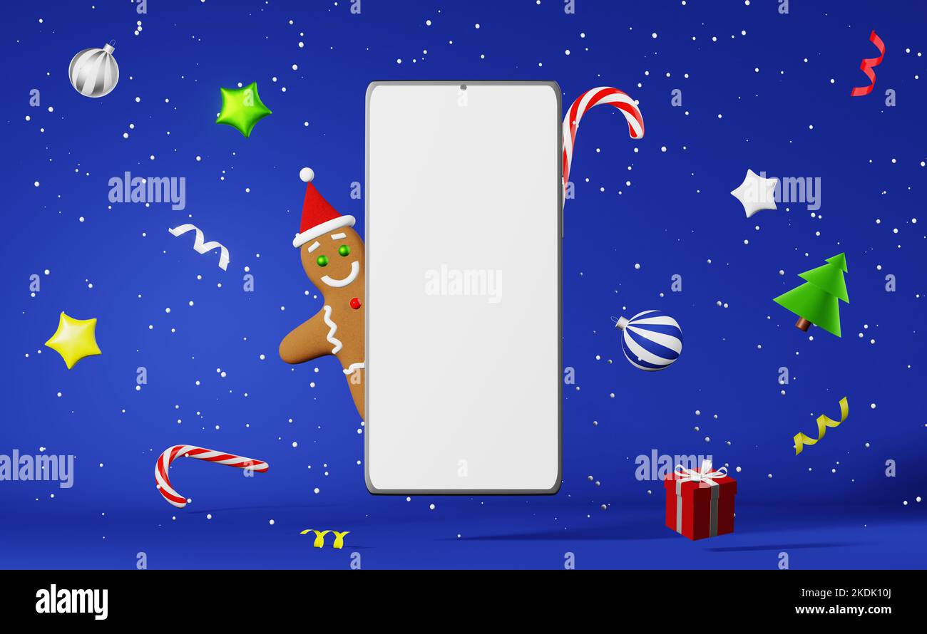 Smartphone mockup Christmas cookie Gingerbread man Santa hat levitating ...