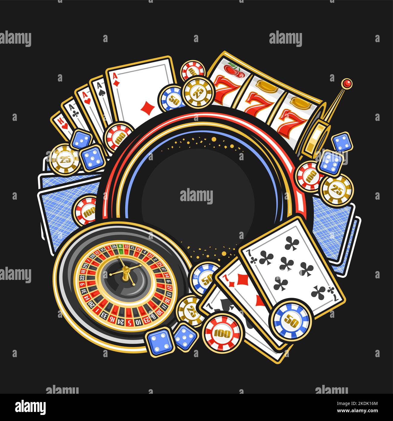 Vector frame for Casino with copy space for text, round signboard for casino in Las Vegas with illustration of european roulette wheel, colorful casin Stock Vector