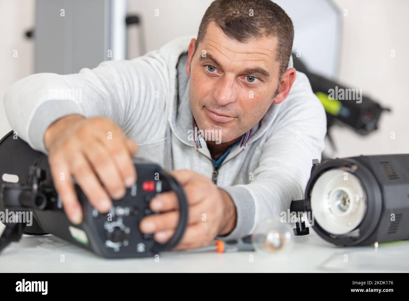 work place station having electronic devices equipments Stock Photo