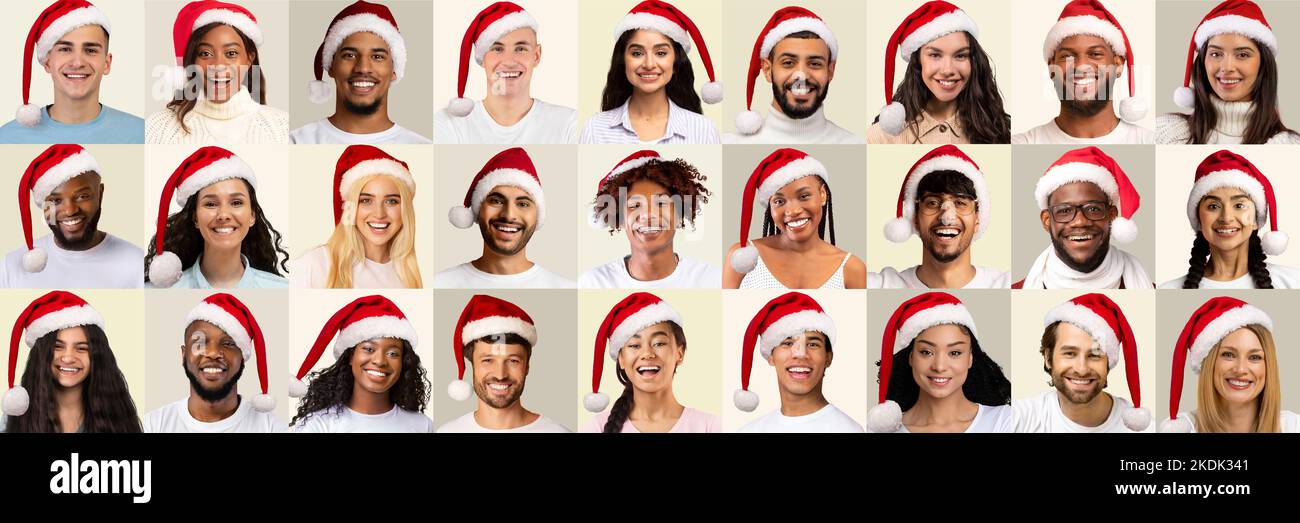 Set of multicultural millennial people wearing Santa hats, collage ...