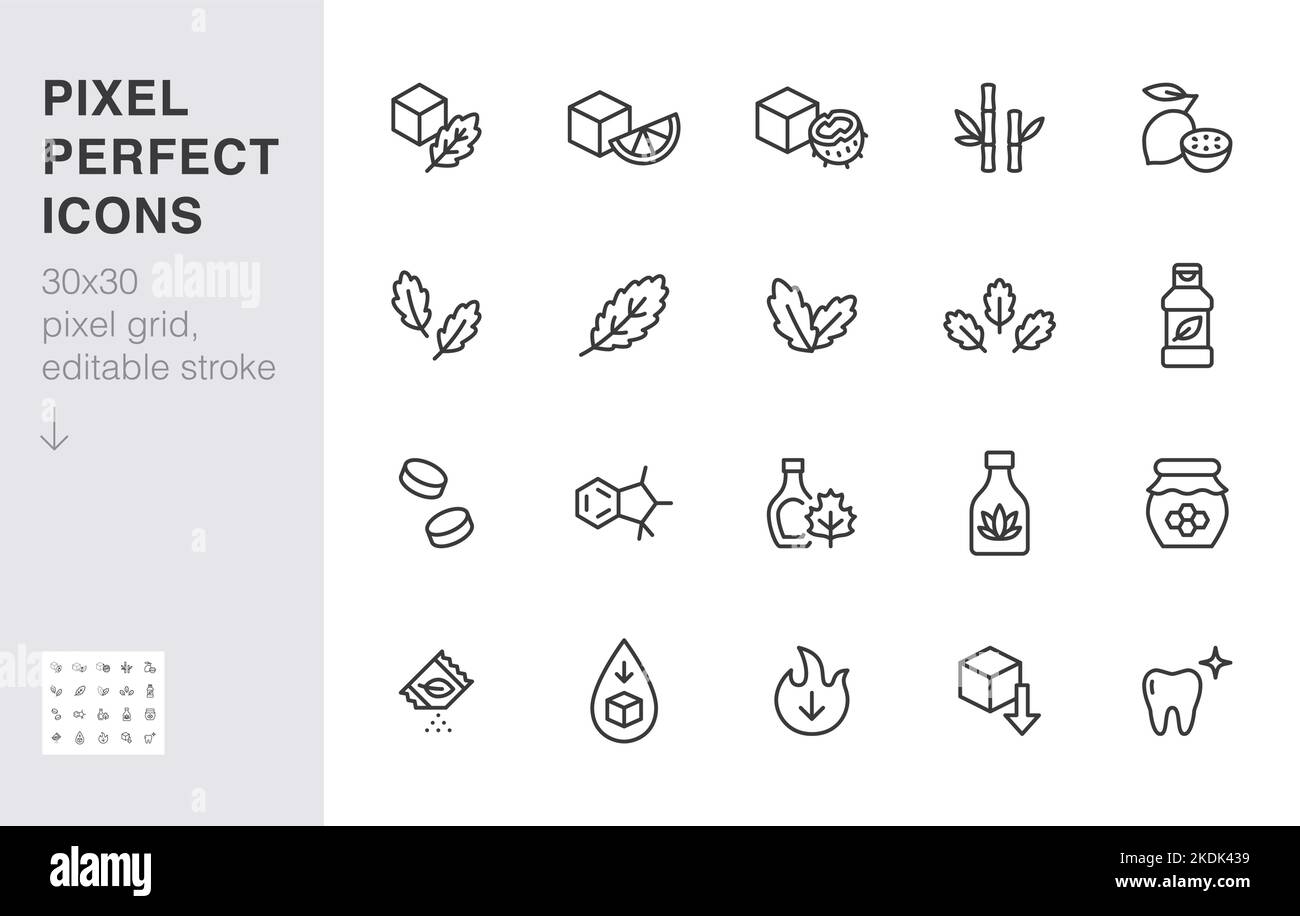 Sweeteners line icon set. Xylitol, cane sugar, fructose, maple syrup, stevia, agave, honey