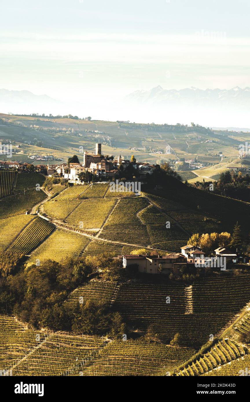 ITALY, PIEDMONT, LANGHE CONTRYSIDE: Views of the Langhe countryside at sunset. On 22 June 2014, a part of the Langhe was inscribed on UNESCO's World Heritage list for its cultural landscapes, outstanding living testimony to winegrowing and winemaking traditions that stem from a long history, and that have been continuously improved and adapted up to the present day. Stock Photo