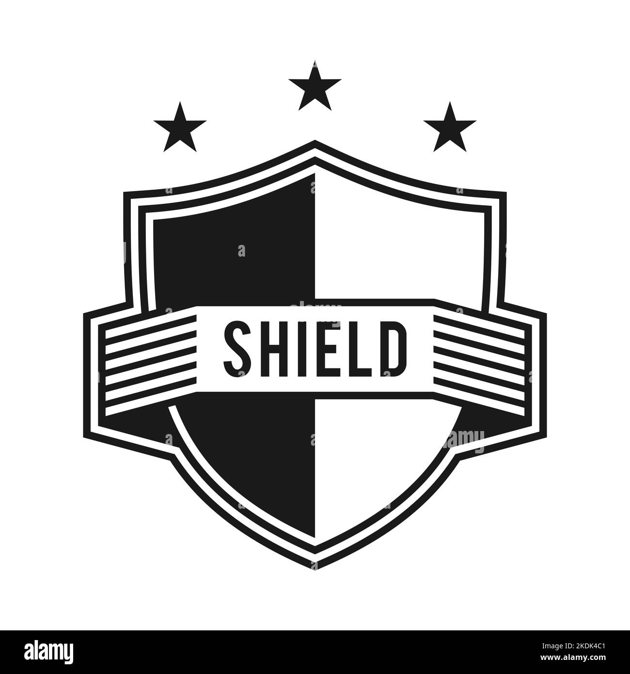 Shield logo design template with three star. Sport team emblem with ribbon and place for text. Retro shaped monochrome badge. Vector illustration. Stock Vector