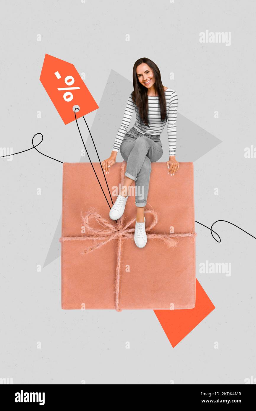 Creative photo 3d collage artwork poster of pretty positive girl sitting envelope low price tag isolated on painting background Stock Photo