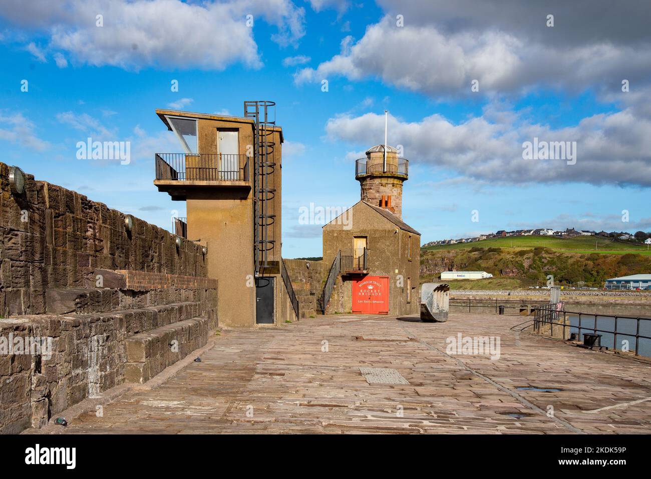 The Coastguard Lookout Tower and the Whitehaven Volunteer Life Saving Brigade (The Rocket Brigade) building,Whitehaven, Cumbria, UK Stock Photo