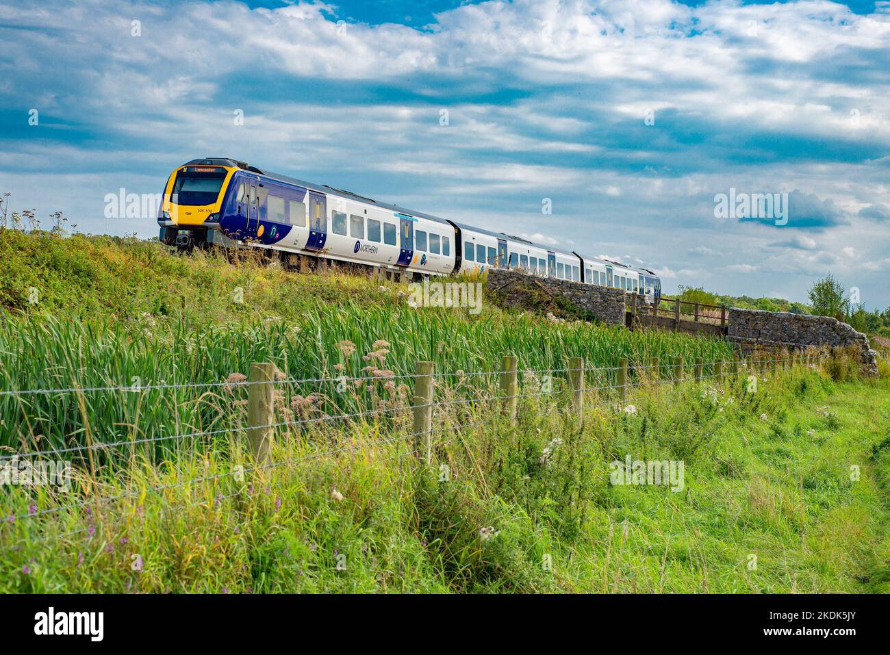 A Northern train travelling between Silverdale and Arnside, Cumbria, UK. Stock Photo