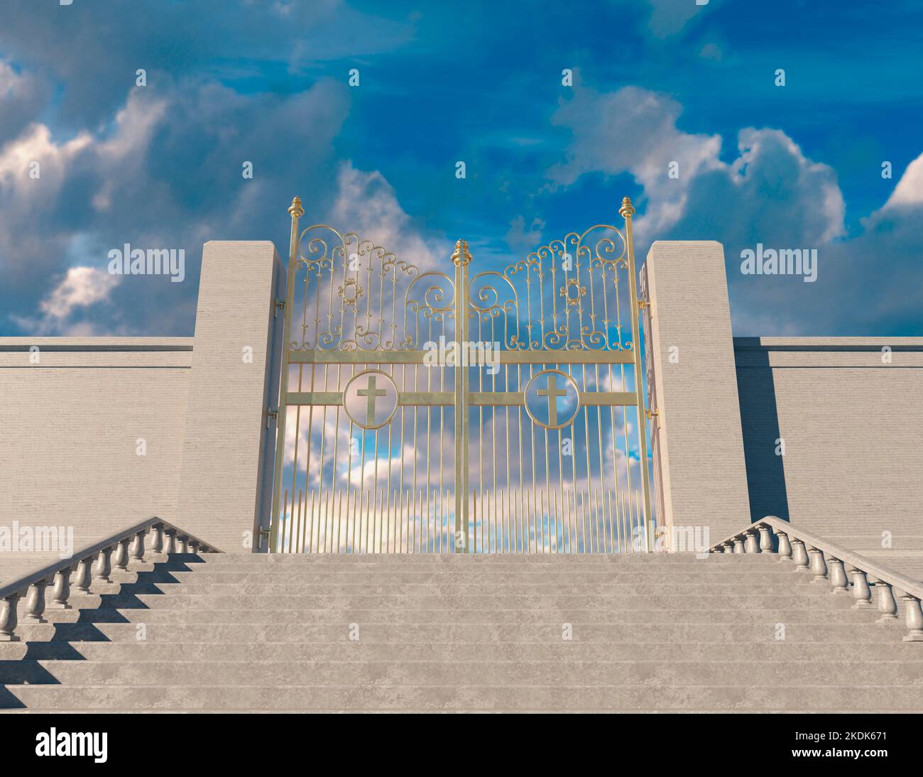 A concept depicting a huge staircase leading up to the closed majestic pearly gates of heaven srrounded by a blue sky background - 3D render Stock Photo