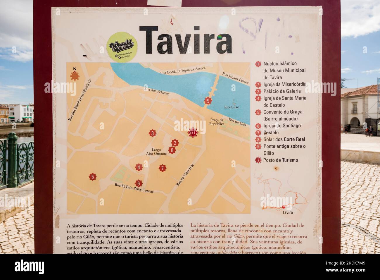 Town map and tourist information board, Tavira, Algarve, Portugal Stock Photo