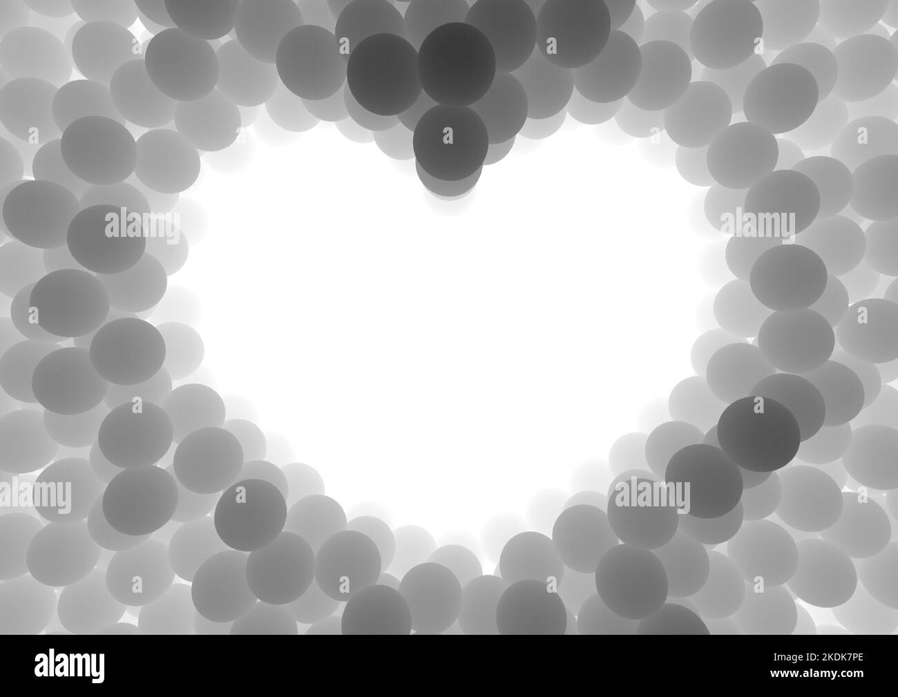 A heart shaped void surrounded by an array of translucent white rubber balls spread out to form a solid background - 3D render Stock Photo