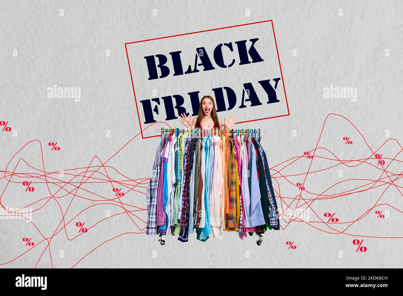 Collage picture of overjoyed excited girl clothes store rack black