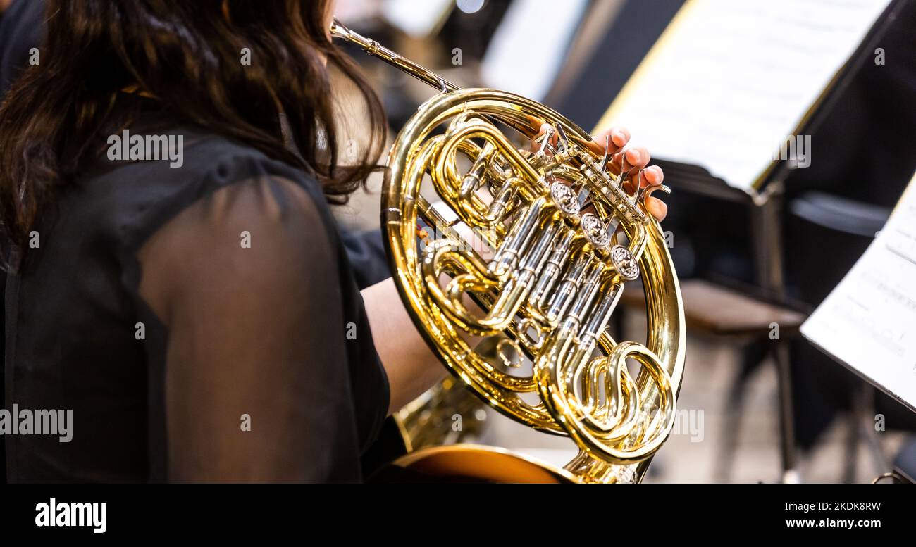 Philharmonic orchestra, musician playing on the french horn during the