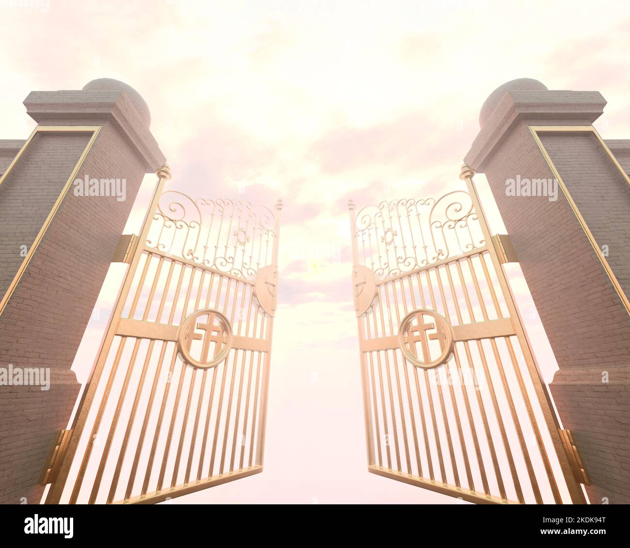 A concept depicting the open golden majestic pearly gates of heaven backlit by an ethereal light
