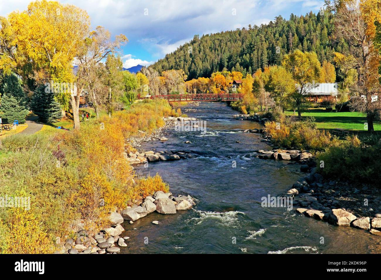 The San Juan River flows through the fall landscape in the San Juan Mountain town of Pagosa Springs, Colorado, USA on October 11. 2022. Stock Photo