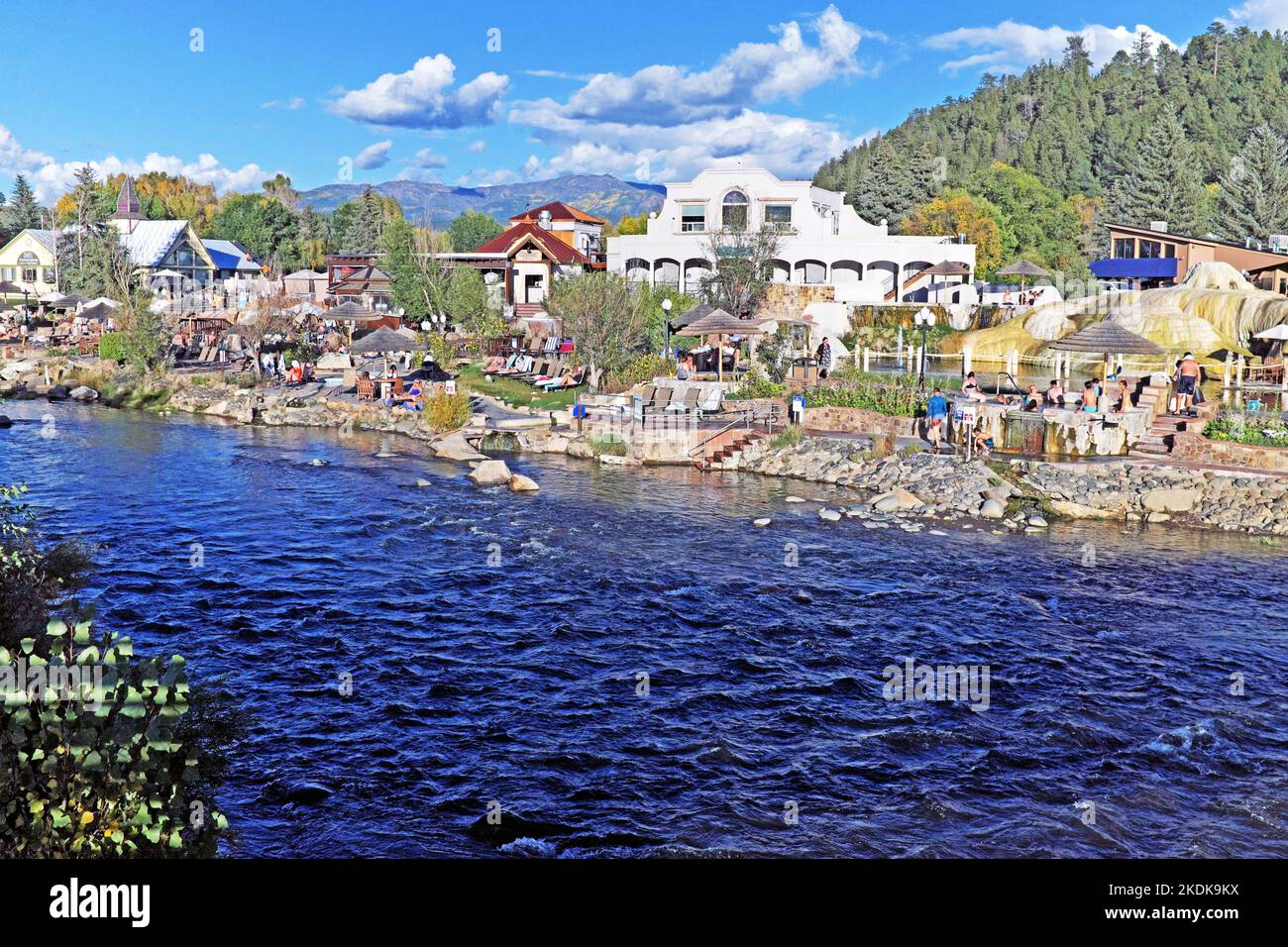 The San Juan River flows by The Springs Resort and Spa in Pagosa Springs, Colorado on October 6, 2022. Stock Photo