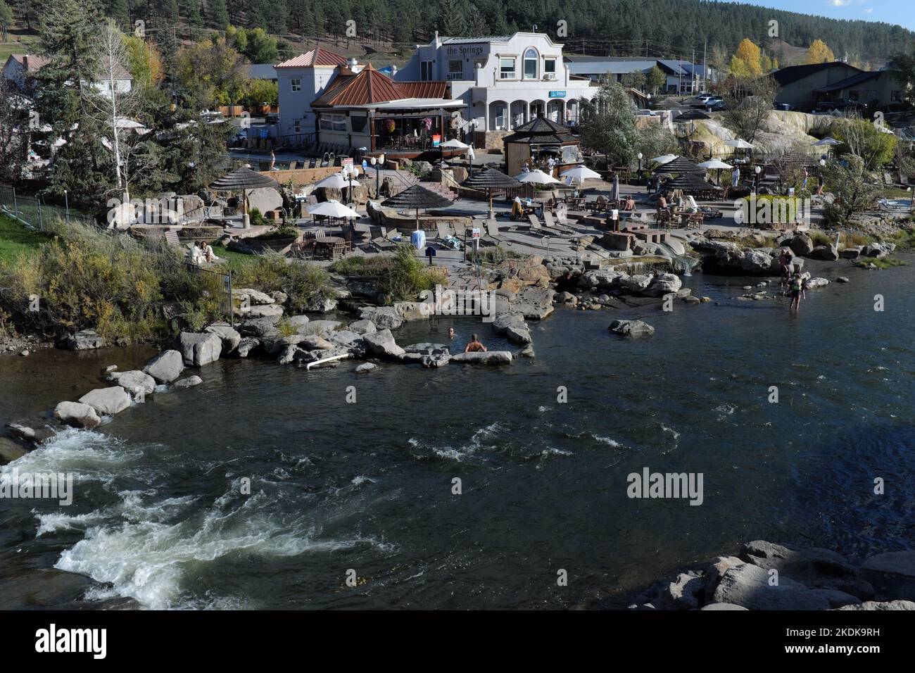 The Springs Resort and Spa known for their hot springs is alongside the San Juan River in Pagosa Springs, Colorado, USA. Stock Photo