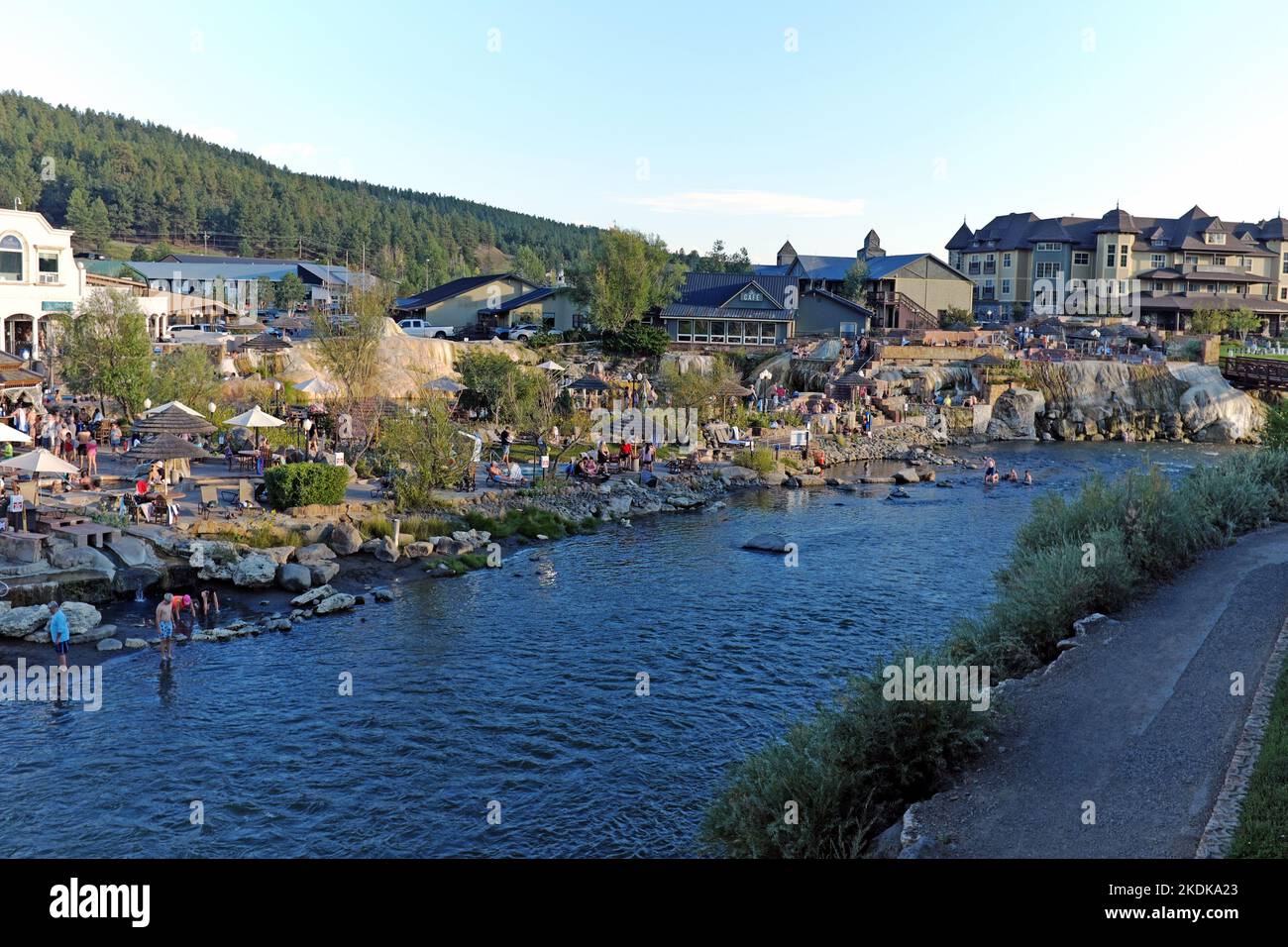 The San Juan River flows through Pagosa Springs, Colorado at dusk with