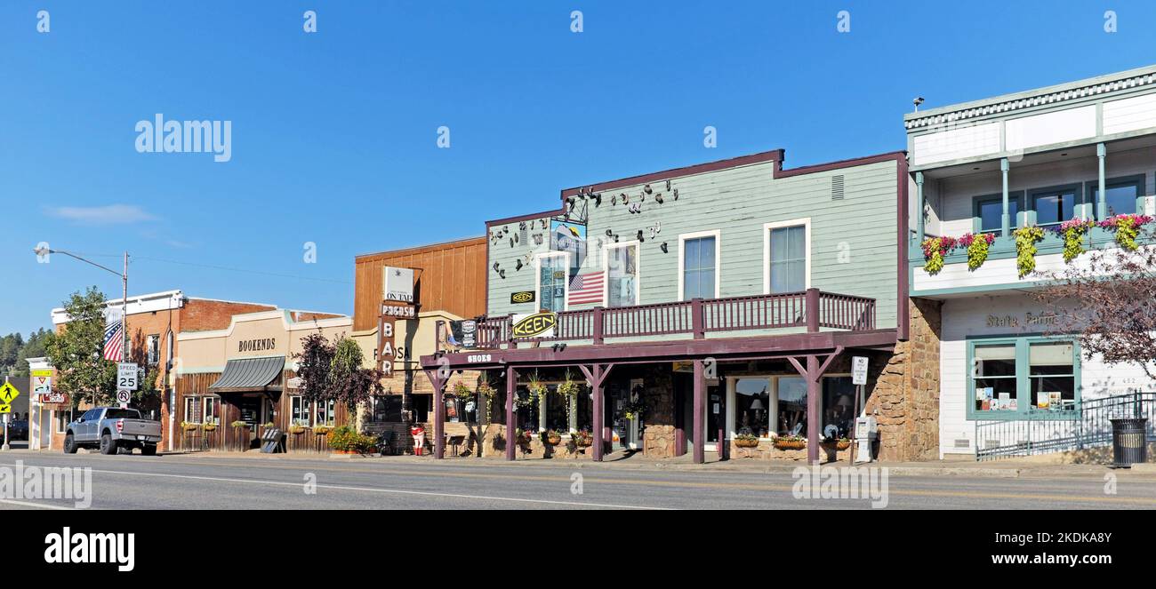 Pagosa Street, the main street lined with small businesses running through downtown Pagosa Springs, Colorado in September 2022. Stock Photo