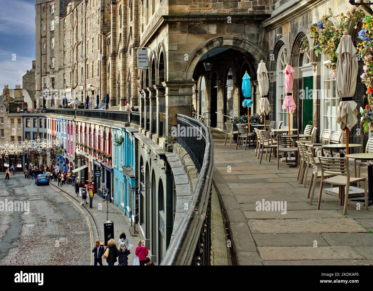 Edinburgh Scotland Victoria Terrace with coloured shop fronts Stock