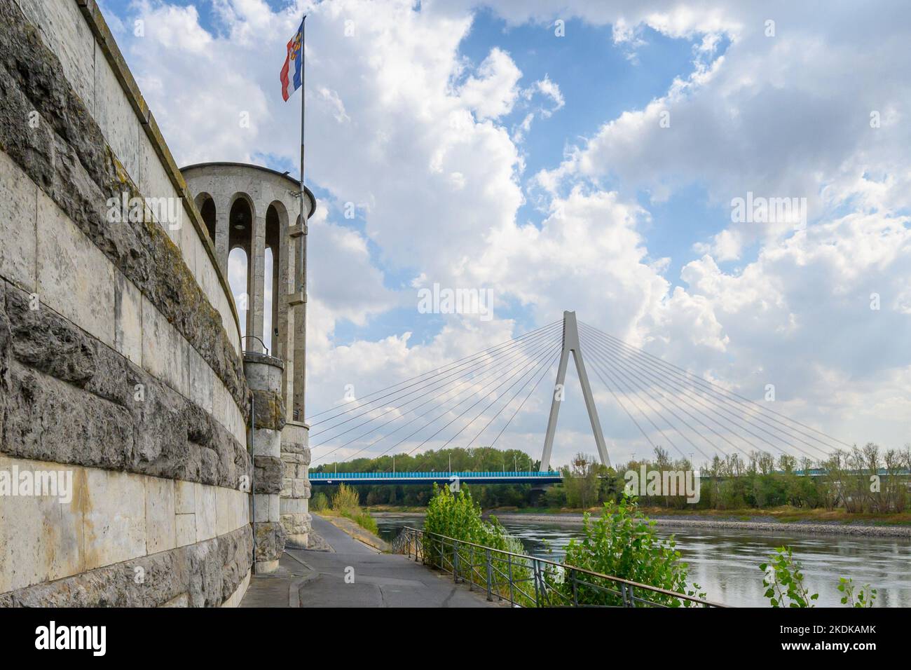 Pegelturm Neuwied and Raiffeisen bridge during historic Rhine low water level Stock Photo