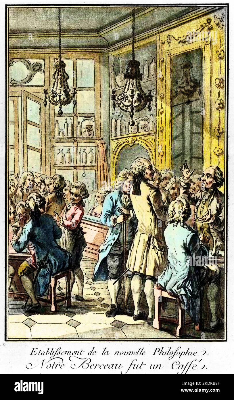 Etablissement de la nouvelle Philosophie Notre Berceau fut un Caffé: cafe Procope, premier cafe parisien, frequente par les philosophes des Lumieres. Stock Photo