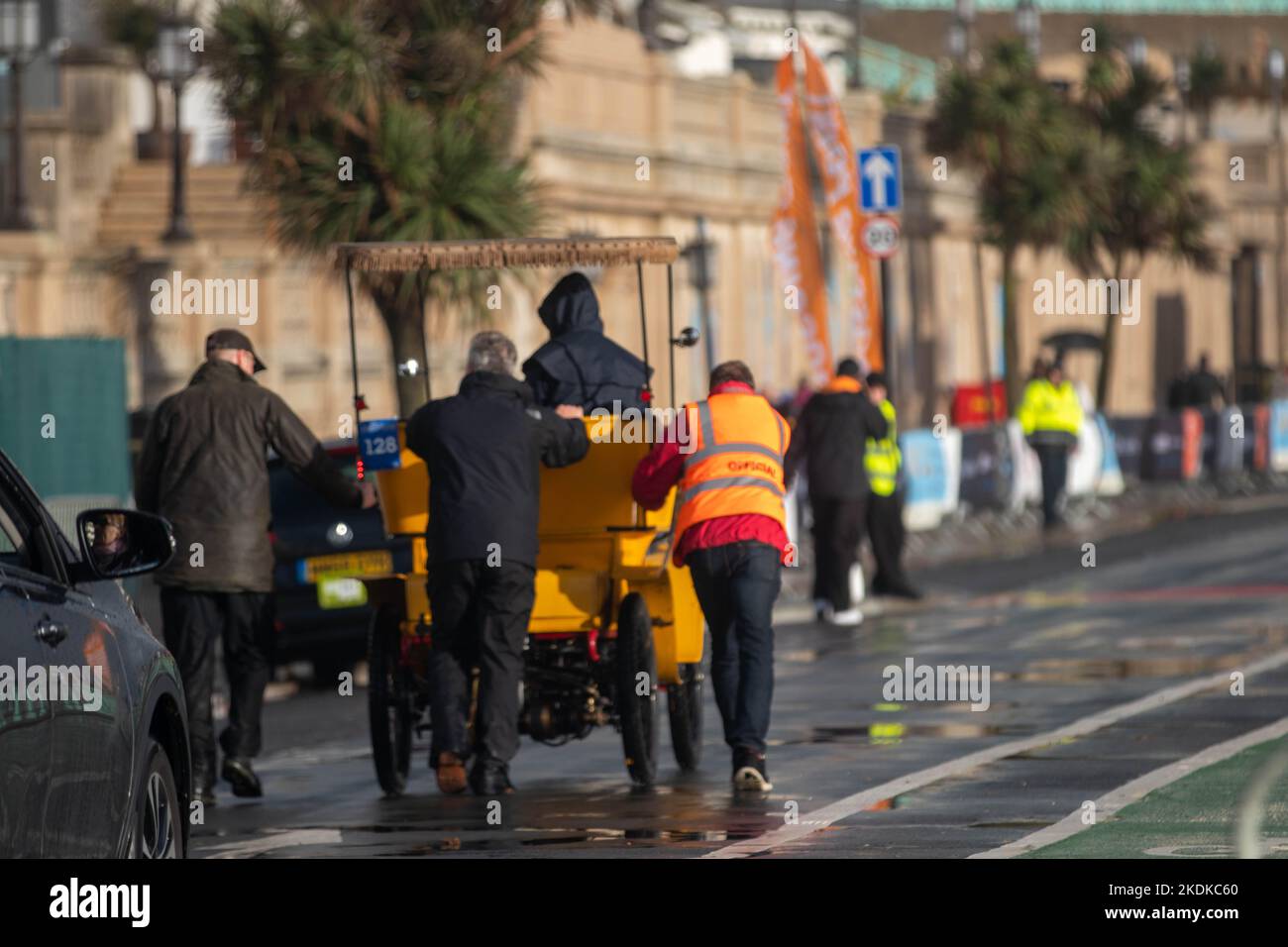 London, UK, 06/11/2022, Close to 350 intrepid participants in this year's RM Sotheby's London to Brighton Veteran Car Run (6 November) experienced a real insight into the hardships of Victorian motoring, as rain storms swept through the south of England. Credit: @Dmoonuk/Alamy Live News Stock Photo