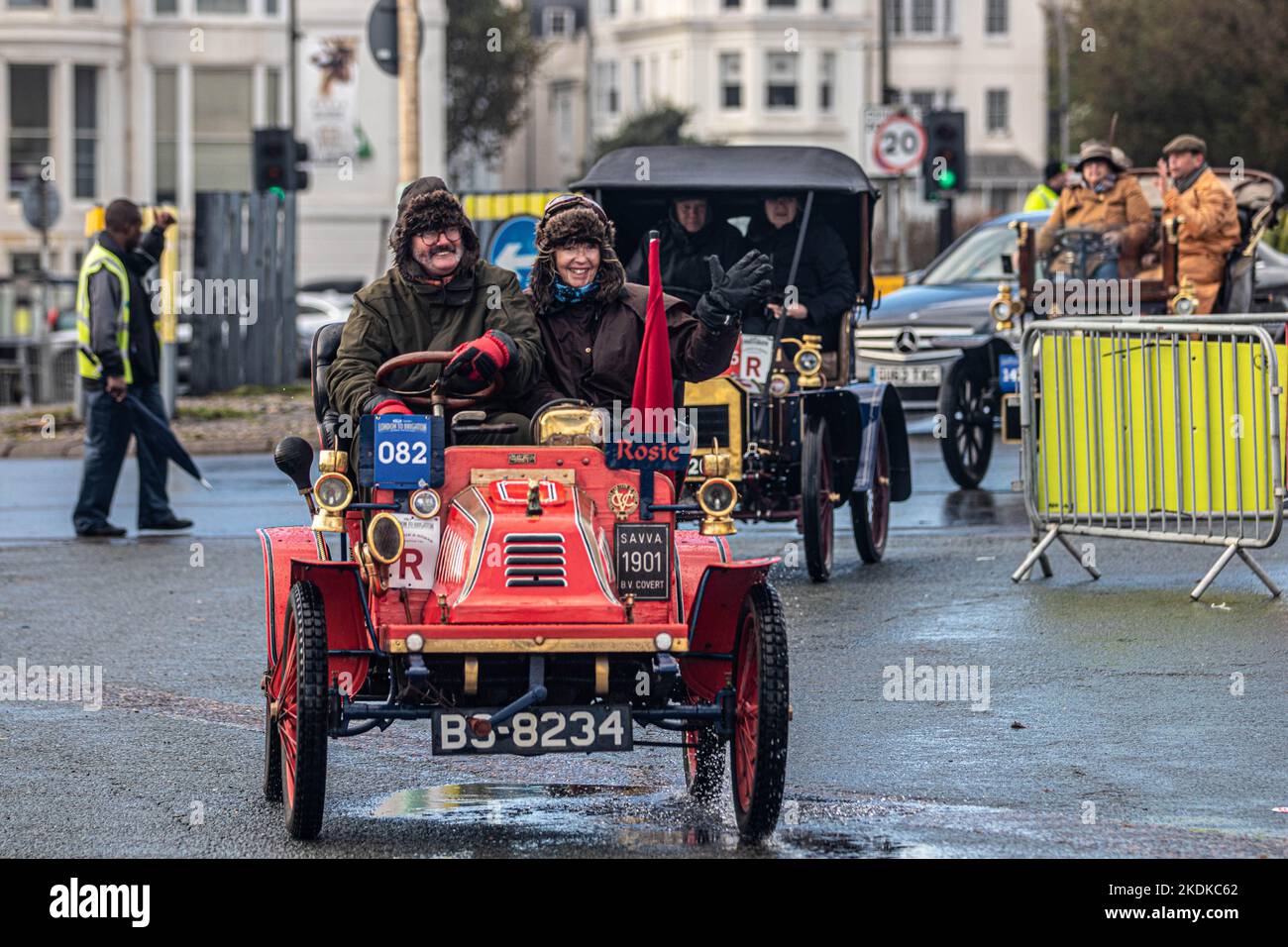 London, UK, 06/11/2022, Close to 350 intrepid participants in this year's RM Sotheby's London to Brighton Veteran Car Run (6 November) experienced a real insight into the hardships of Victorian motoring, as rain storms swept through the south of England. Credit: @Dmoonuk/Alamy Live News Stock Photo