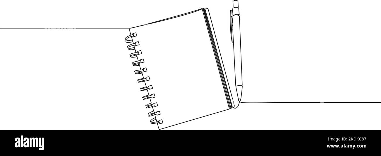 continuous single line drawing of spiral notepad and pen isolated on