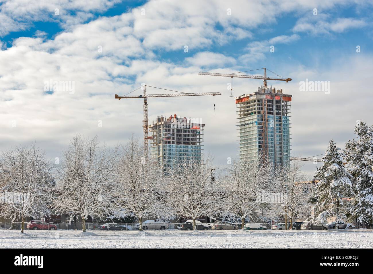 A new build of high-rise residential building on bright winter day ...