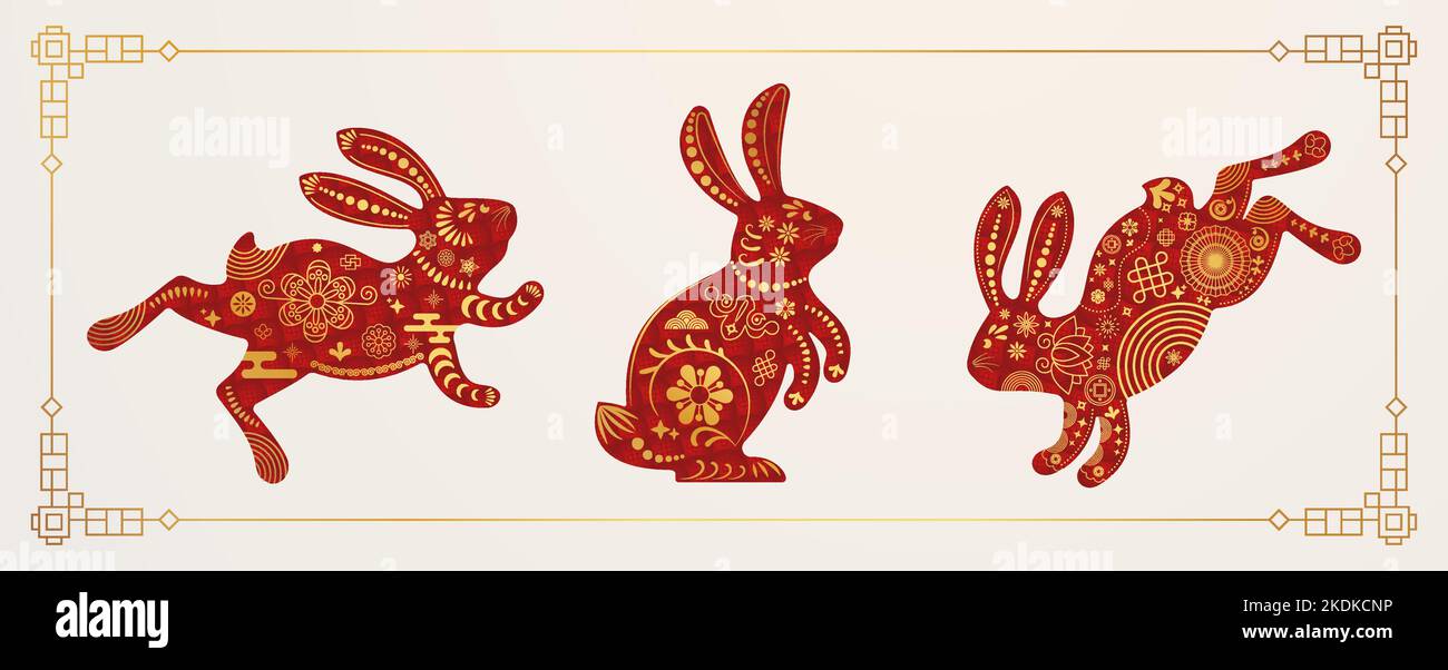 Happy Chinese New Year 2023 card. Cute jumping and sitting rabbit. Stock Vector