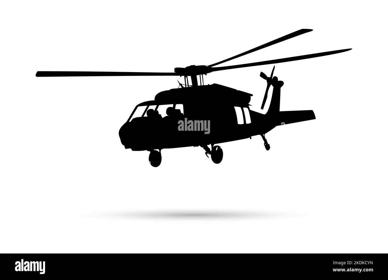 A Black Hawk helicopter flies above the ground Stock Vector