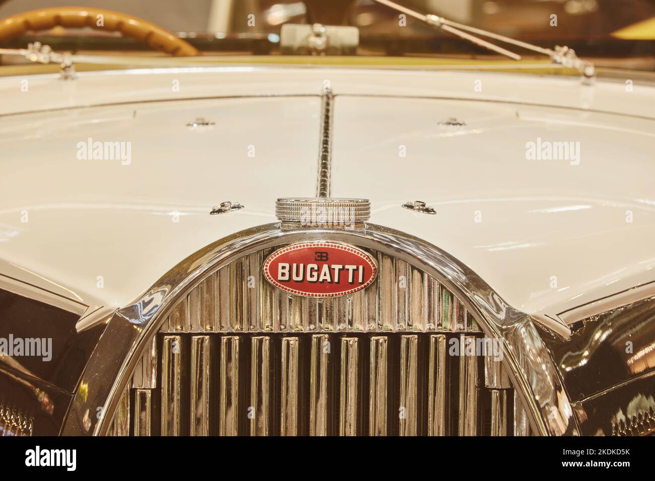 Essen, Germany - March 23, 2022: Retro styled image of a classic white Bugatti limousine car in Essen, Germany Stock Photo
