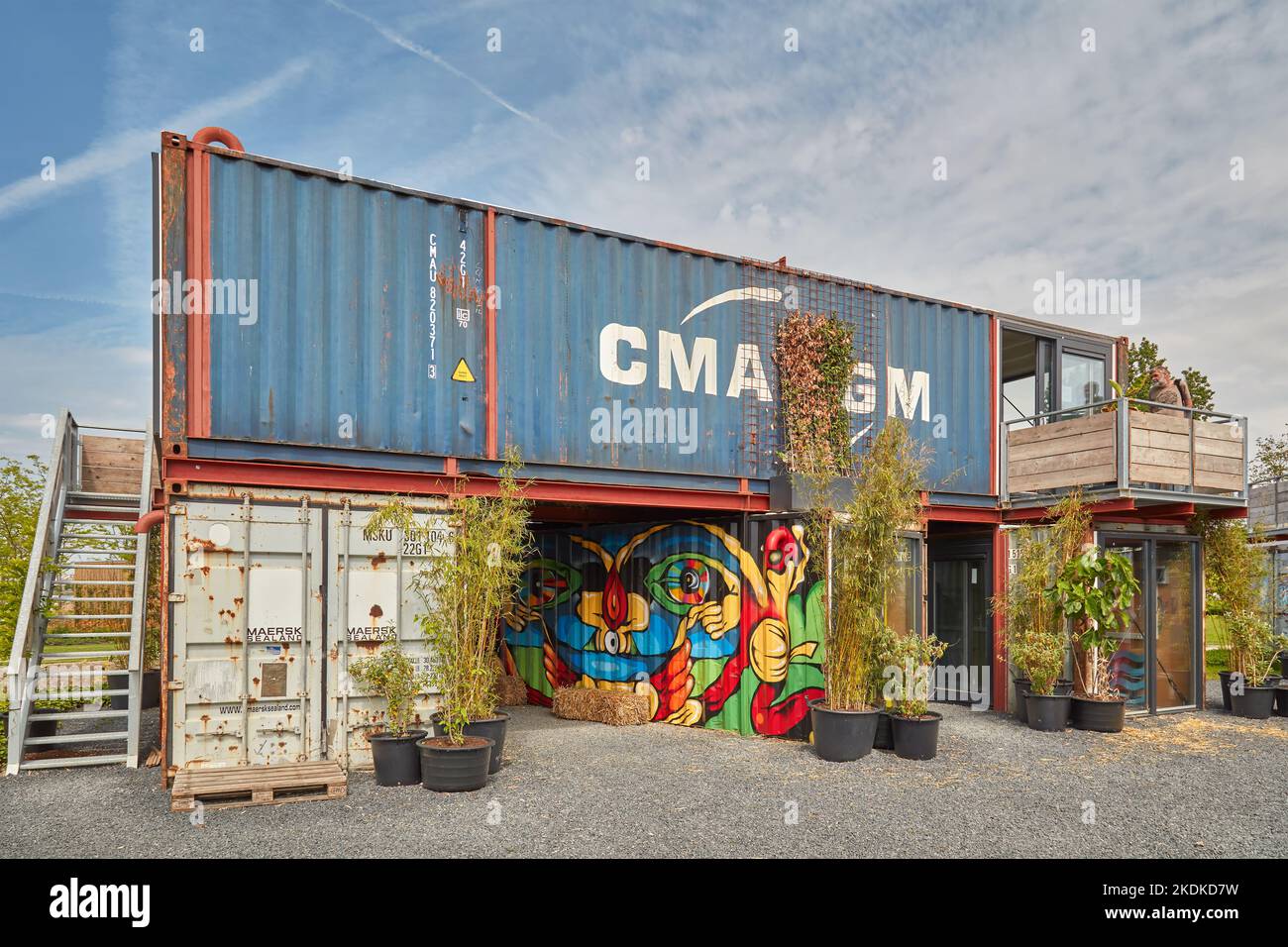 Almere, The Netherlands - April 21, 2022: Tiny offices made of used steel cargo containers in Almere, The Netherlands Stock Photo