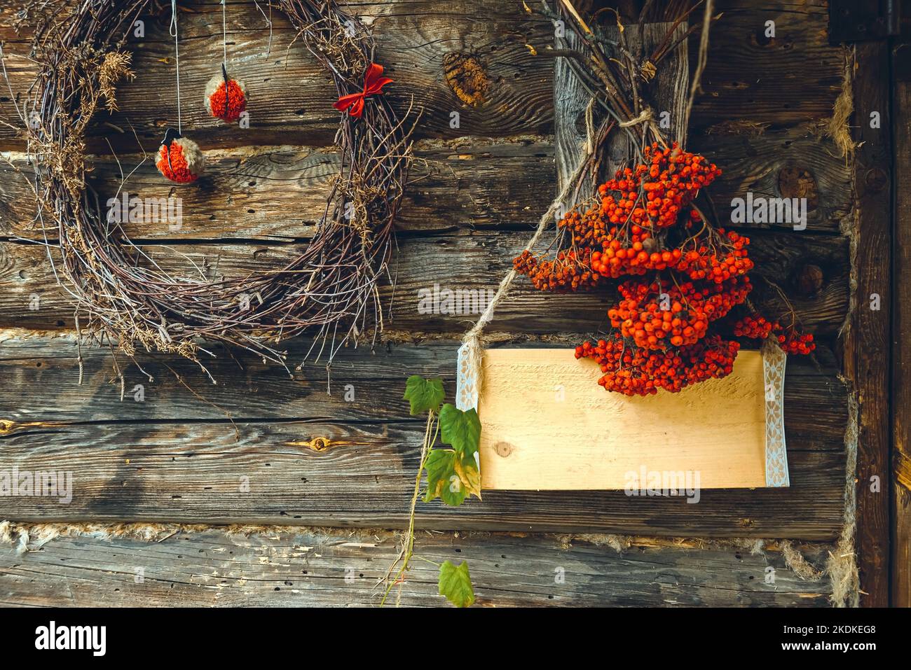 Background with holiday decorations on a wooden wall. The logs are decorated for the holiday. Empty space for an inscription on a wooden house Stock Photo