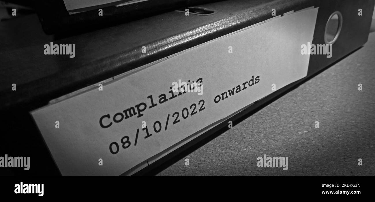 Complaint Cases 2022 onwards, lever arch file, containing separate issues and cases, in an office environment Stock Photo