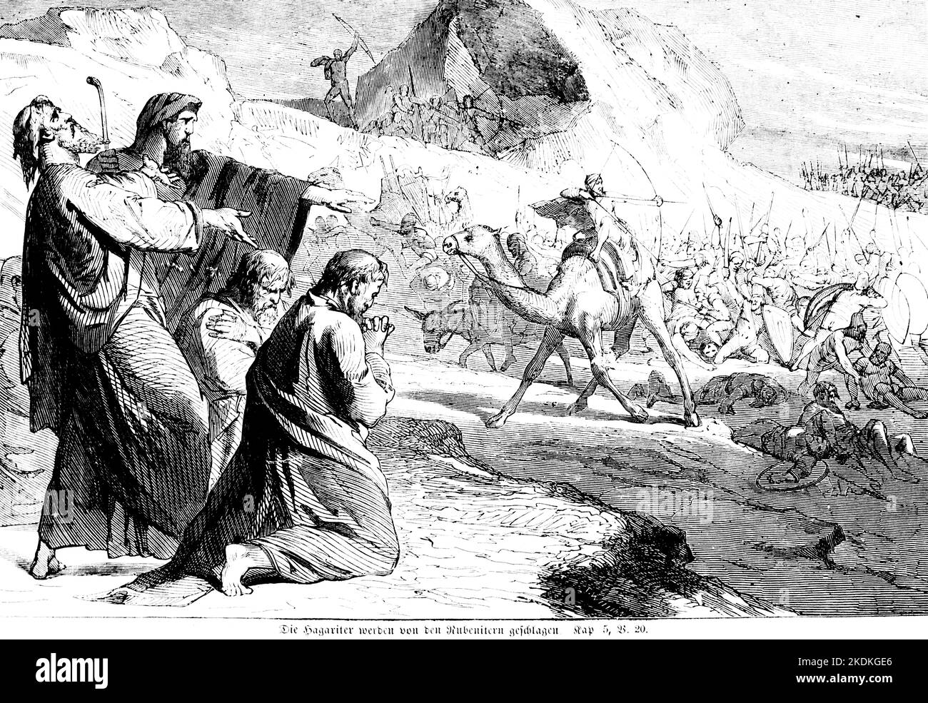 Hagarites are defeated by  the Reuben, and Gadites, Bible, Old Testament, First Book of the Chonicles, Chapter 5, 18-20, historical Illustration 1850 Stock Photo