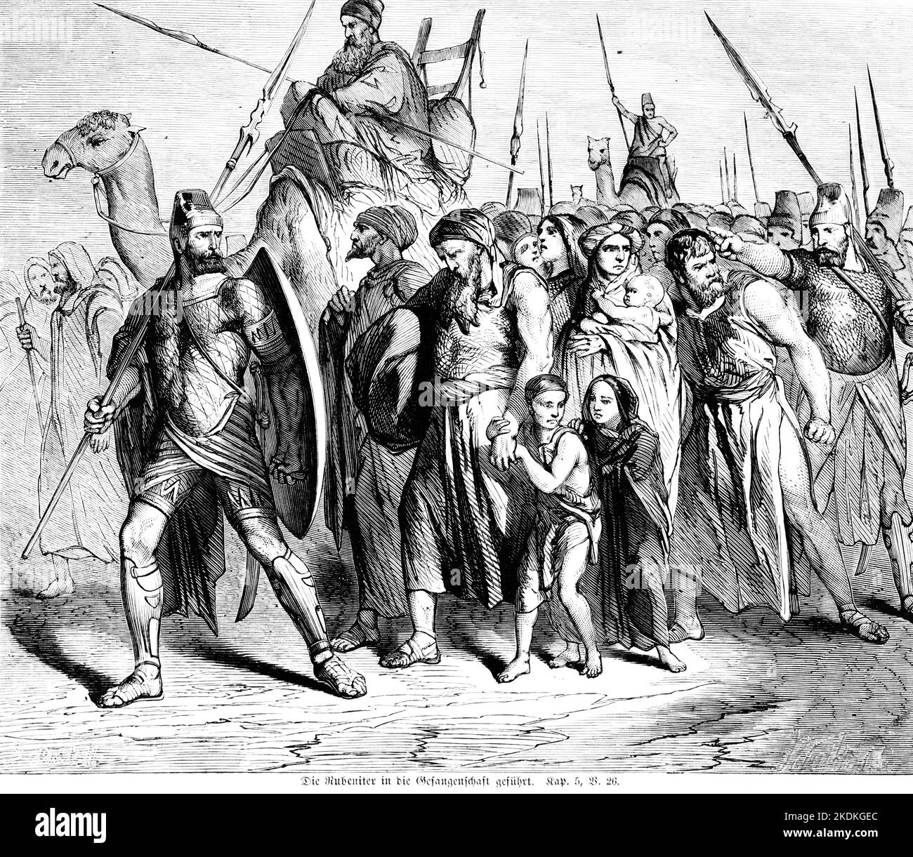 Die Rubeniter werden in die Gefangenschaft geführt, Bible, Old Testament, First Book of the Chonicles, Chapter  , Verse , historical Illustration 1850 Stock Photo
