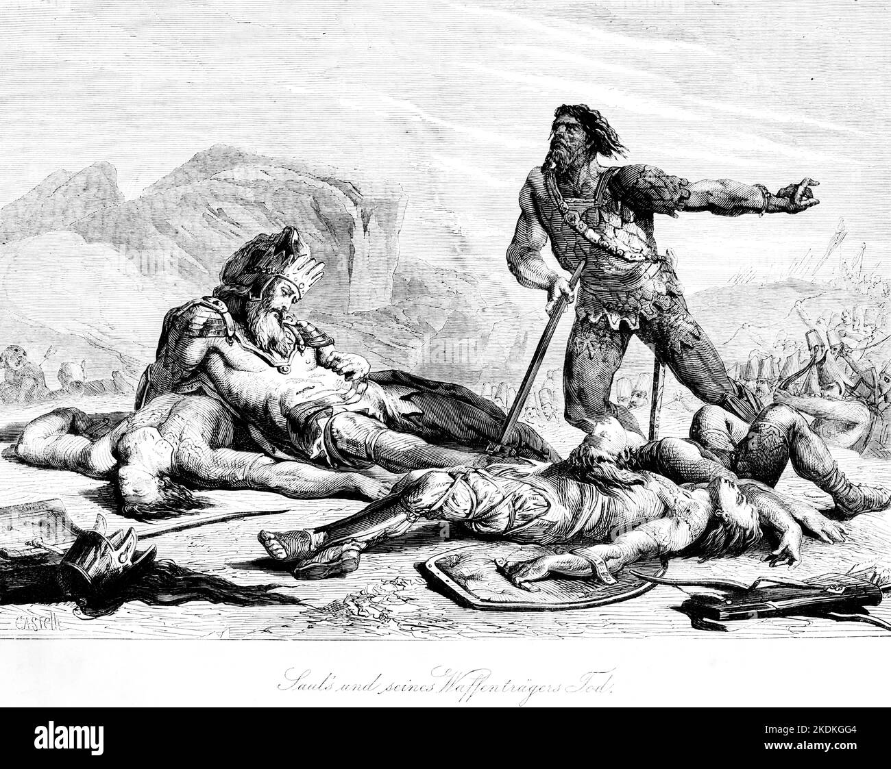 Sauls´und seines Waffenträgers Tod,  Bible, Old Testament, First Book of the Chonicles, Chapter  , Verse , historical Illustration 1850 Stock Photo