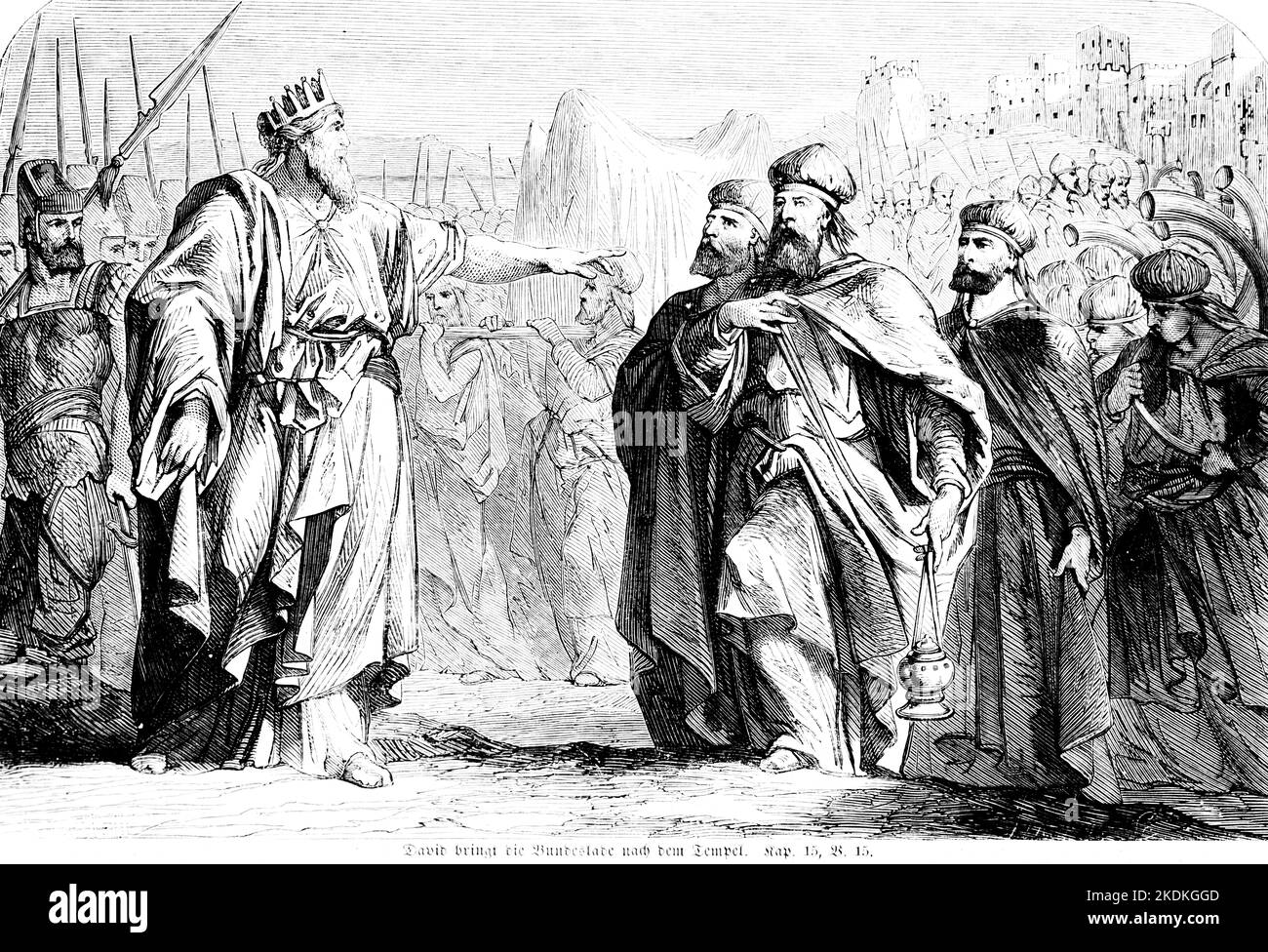 David bringt die Bundeslade nach dem Tempel,  Bible, Old Testament, First Book of the Chonicles, Chapter  , Verse , historical Illustration 1850 Stock Photo