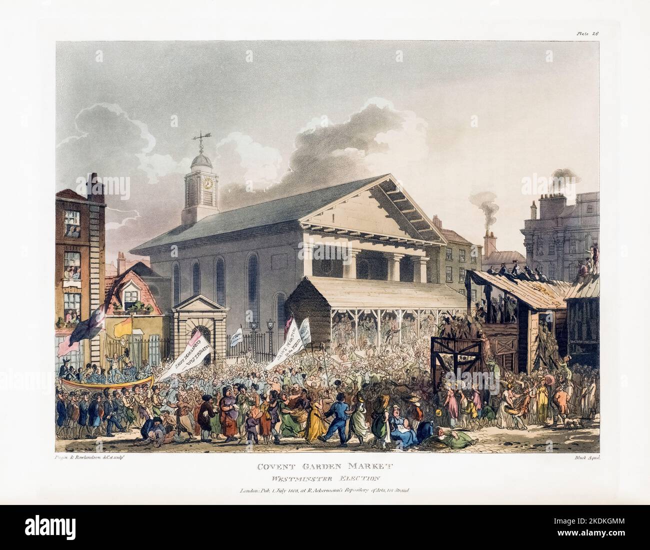 Covent Garden Market, Westminster Election (Day).  Circa 1808.  After a work by August Pugin and Thomas Rowlandson in the Microcosm of London, published in three volumes between 1808 and 1810 by Rudolph Ackermann.   Pugin was the artist responsible for the architectural elements in the Microcosm pictures; Thomas Rowlandson was hired to add the lively human figures. Stock Photo